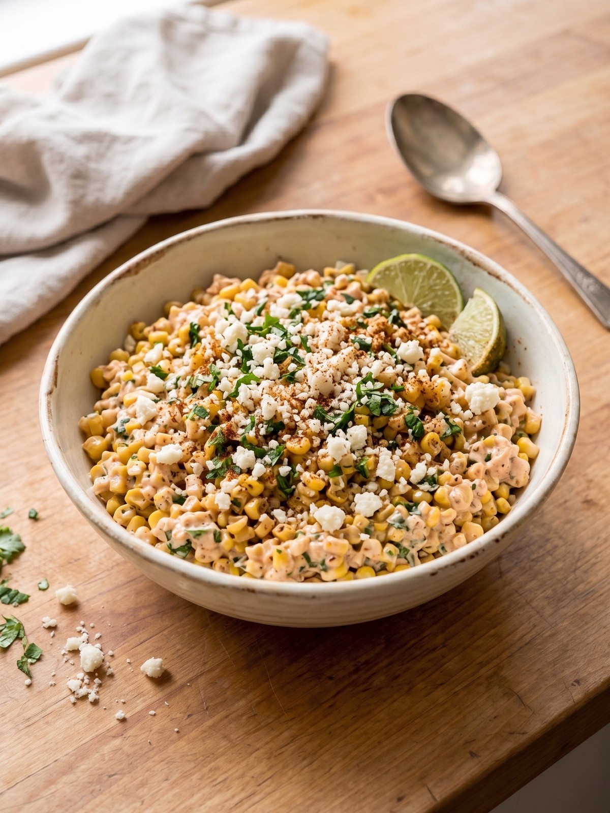 Mexican Street Corn Salad in a white serving bowl with tortilla chips on the side, ready for a party.