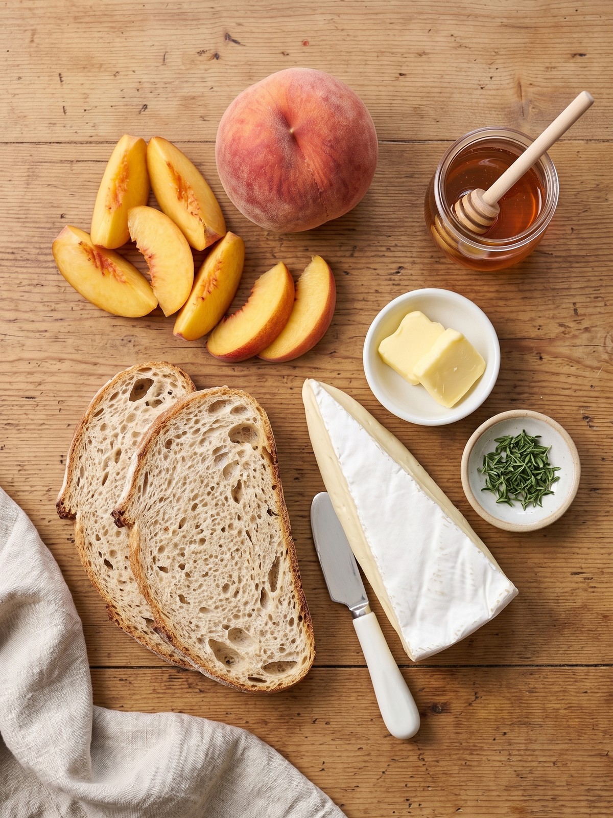 Peach and Brie Grilled Cheese sandwich cut in half on a white plate, showing melted brie and caramelized peach wedges between golden sourdough slices.