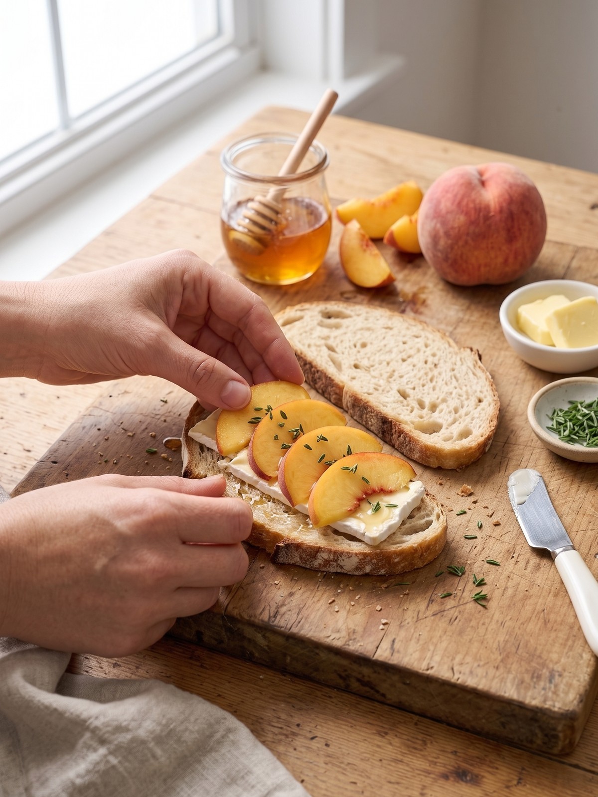 Overhead shot of a Peach and Brie Grilled Cheese being assembled with brie, peach wedges, and thyme on sourdough bread in a cast-iron skillet.