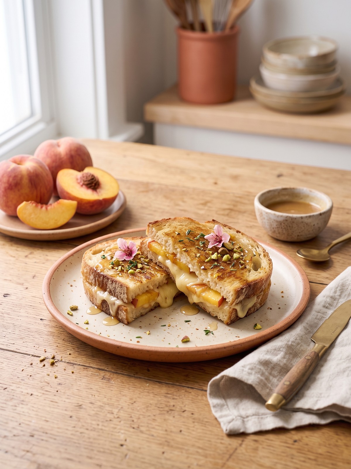 Two Peach and Brie Grilled Cheese halves on a wooden board with a small bowl of honey and fresh thyme sprigs on the side.