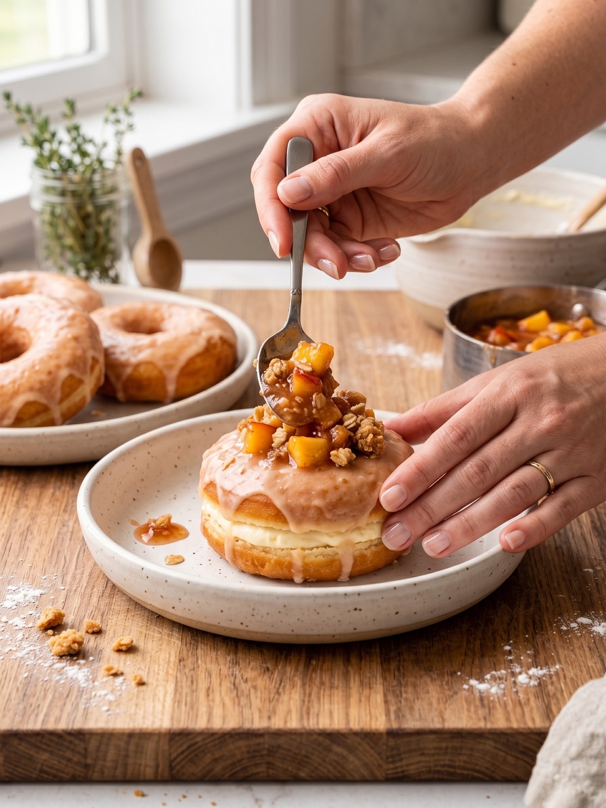 Step-by-step process of filling Peach Cobbler Cheesecake Donuts with cheesecake mixture and topping with peaches and graham cracker crumbs.