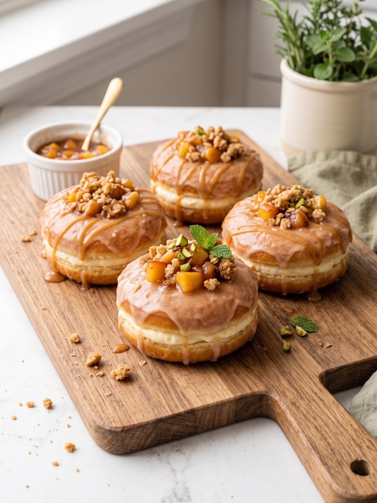 Variation of Peach Cobbler Cheesecake Donuts with mixed berries and a chocolate drizzle on a rustic wooden board.