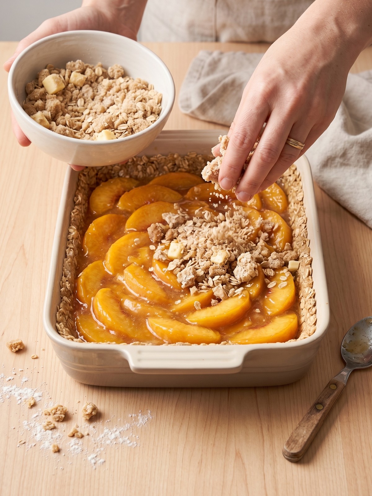 Overhead shot of Peach Crumble Bars being sliced into squares with a knife.