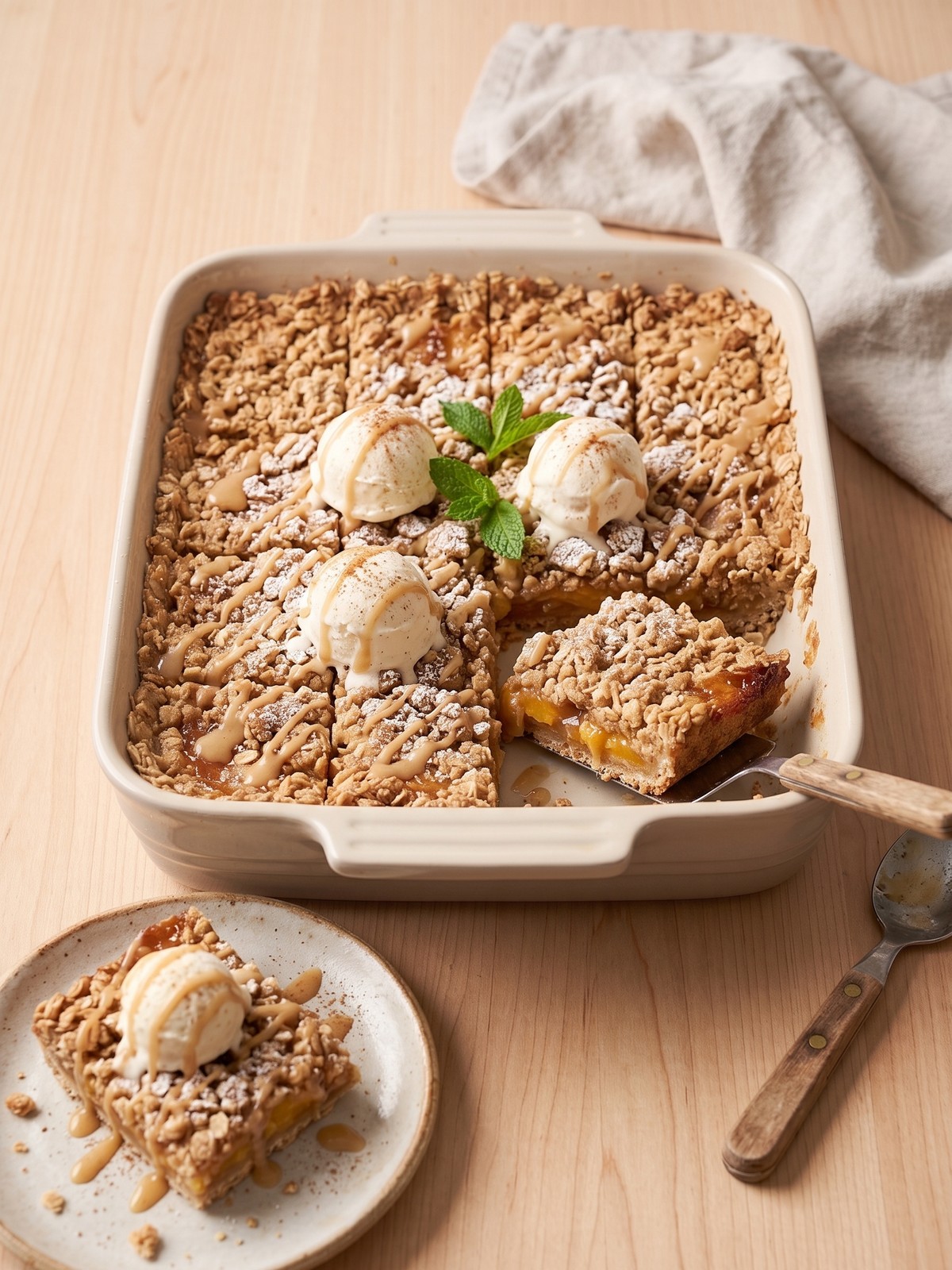 Close-up of a Peach Crumble Bar with a scoop of vanilla ice cream on top.