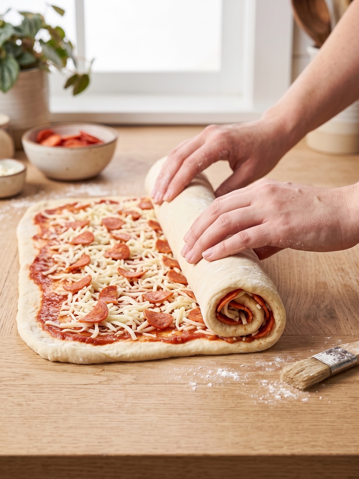 Twisted Pepperoni Pizza Roll Breadsticks being brushed with garlic butter