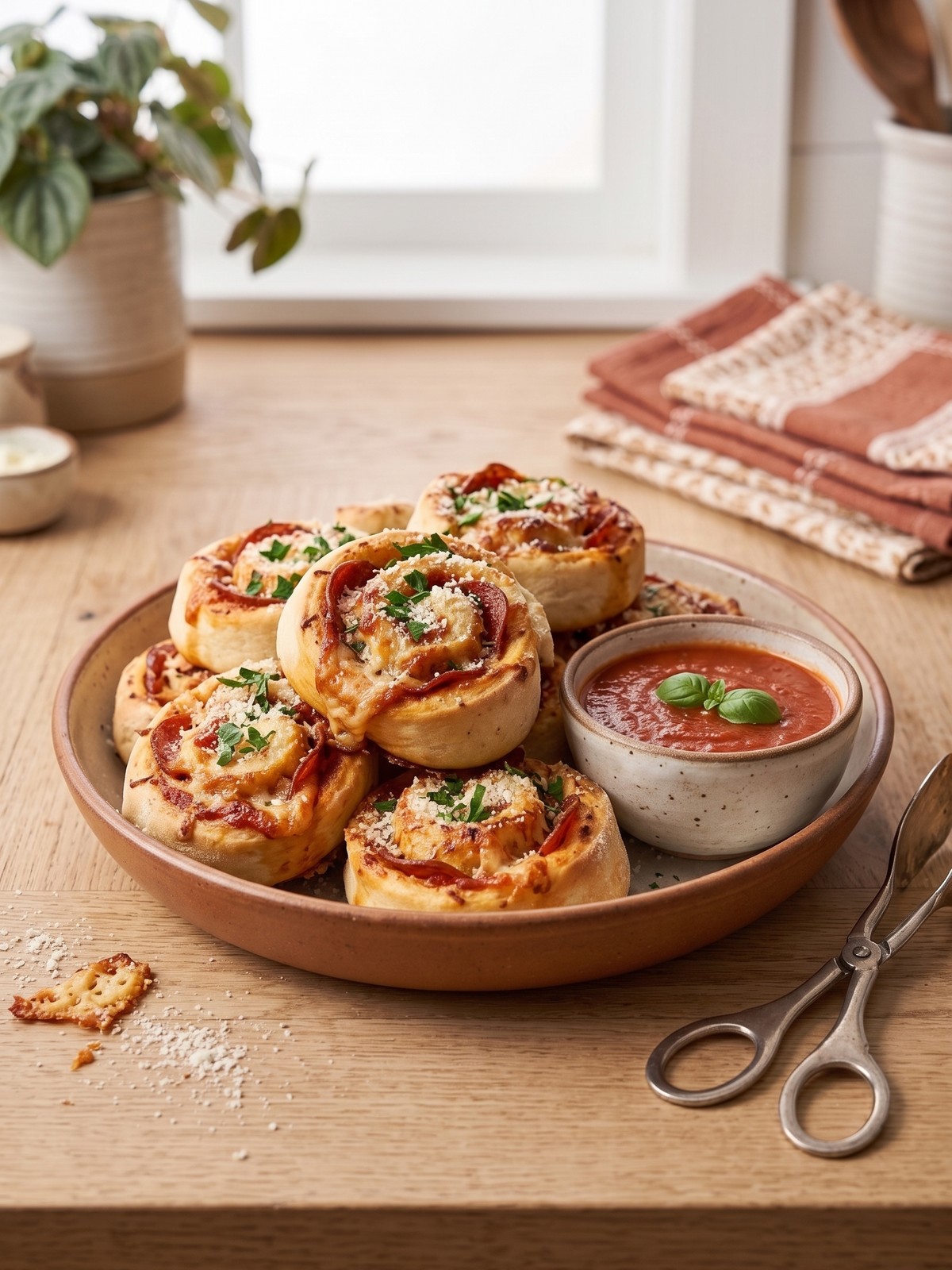 Close-up of Pepperoni Pizza Roll Breadsticks with marinara dipping sauce