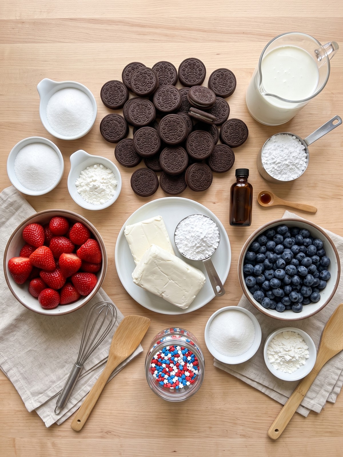 Overhead view of Red White and Blue Dessert Lasagna in a glass baking dish, showing distinct chocolate crust, white cream, red strawberry, and blue blueberry layers with star sprinkles on top.