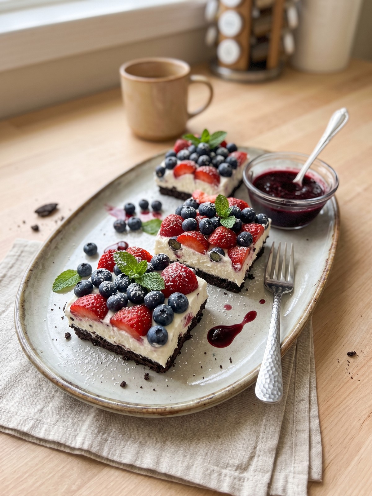 A square of Red White and Blue Dessert Lasagna on a white plate with a fork, showing the distinct layers and a few extra star sprinkles scattered around.