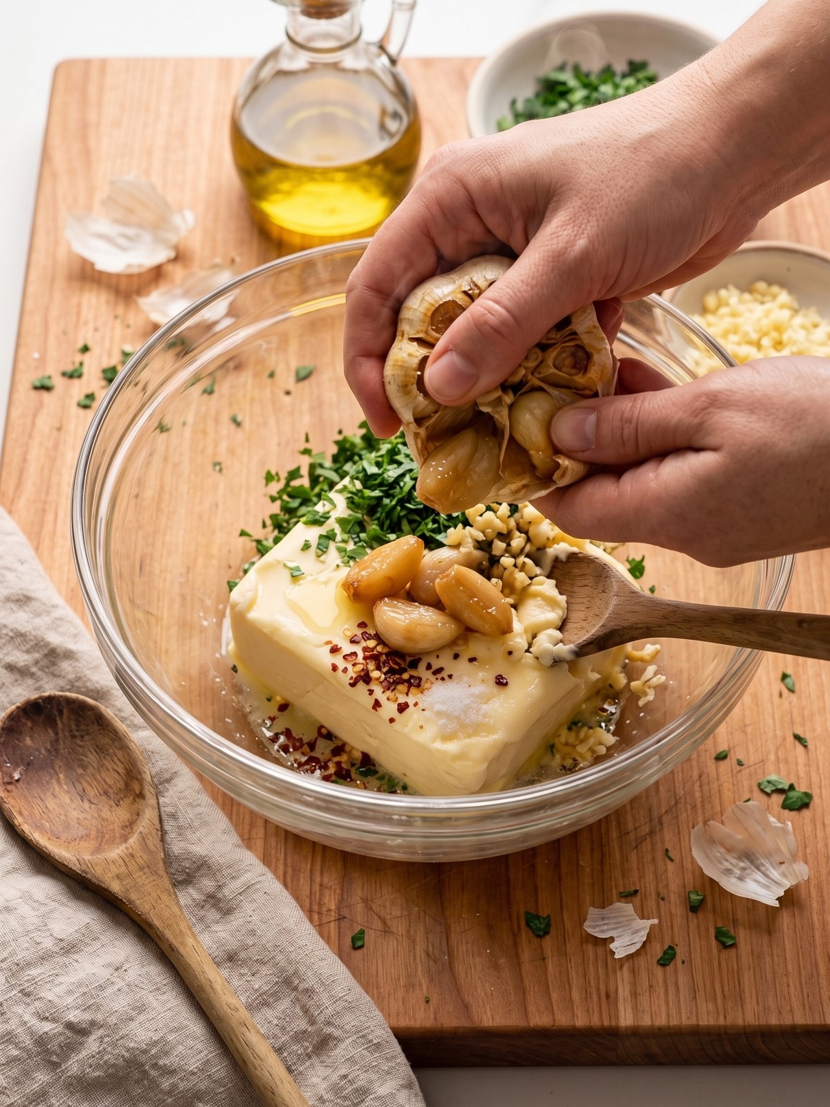 Step-by-step process of mixing roasted garlic, parsley, and red pepper flakes into softened butter for cowboy butter.
