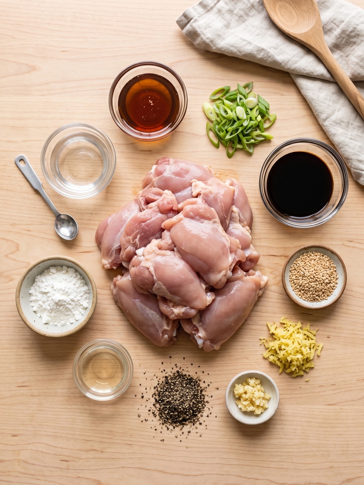 Overhead shot of slow cooker chicken thighs in a glossy honey-soy glaze with scallions and sesame seeds.