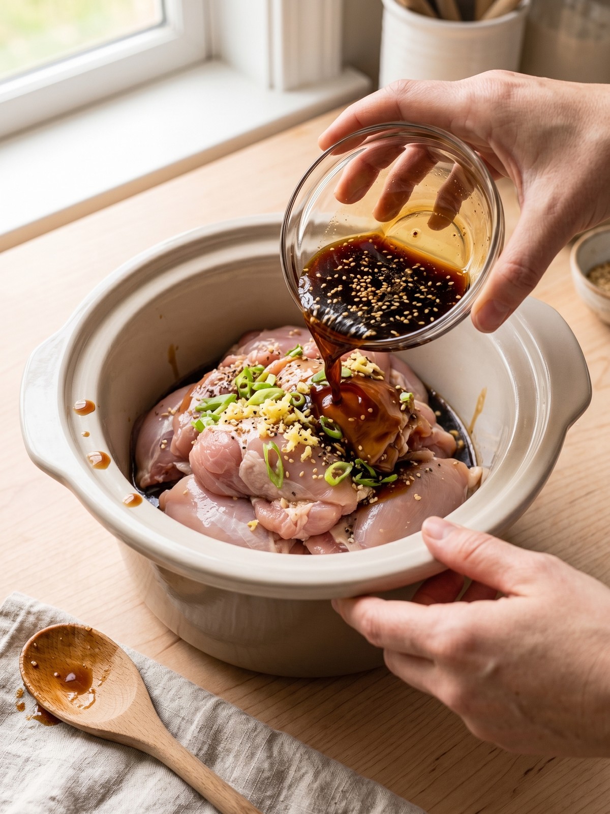Step-by-step process of making slow cooker chicken thighs, showing the sauce being whisked and poured over chicken.