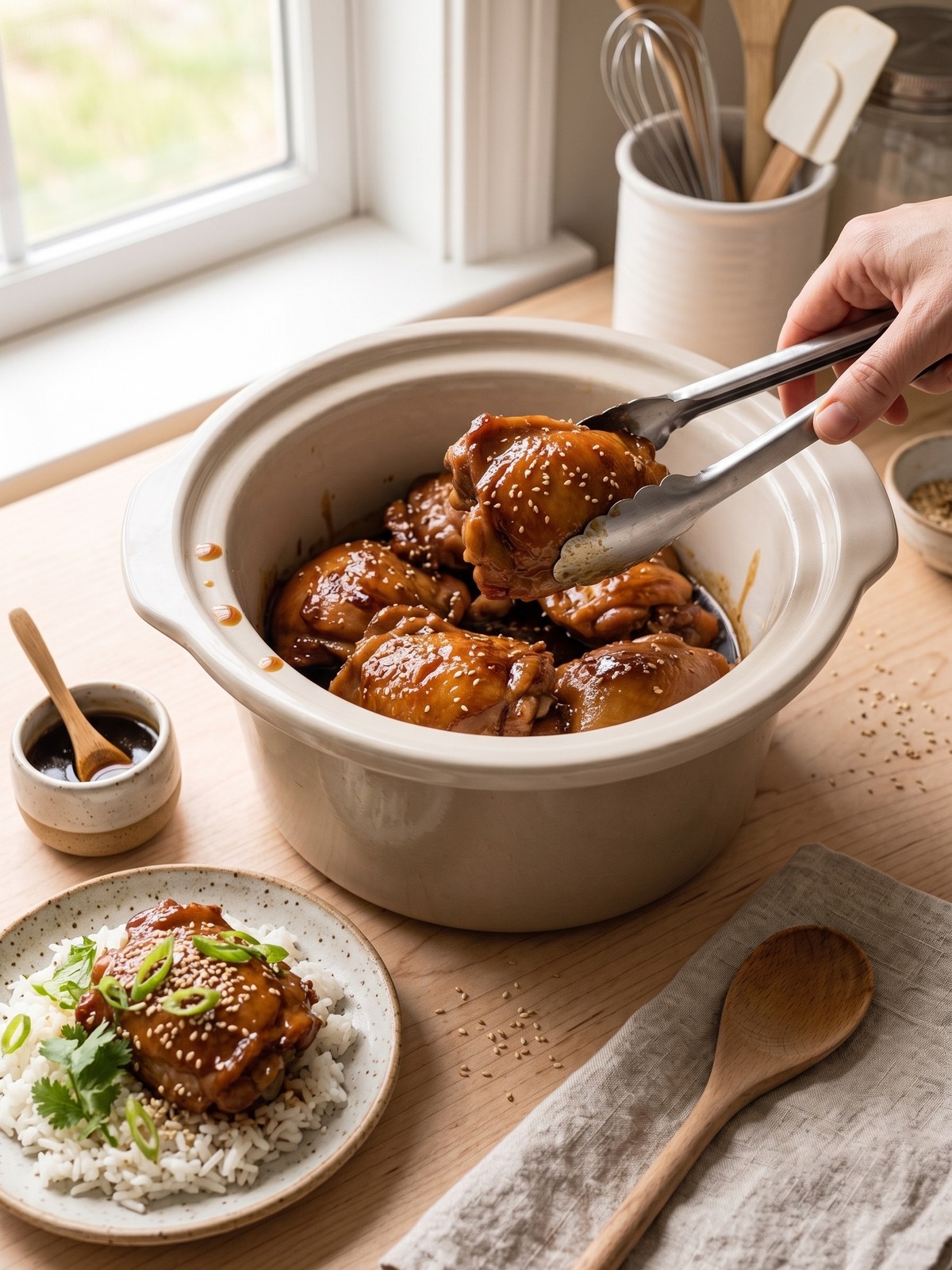 Variation of slow cooker chicken thighs served over rice with steamed broccoli and extra sauce.