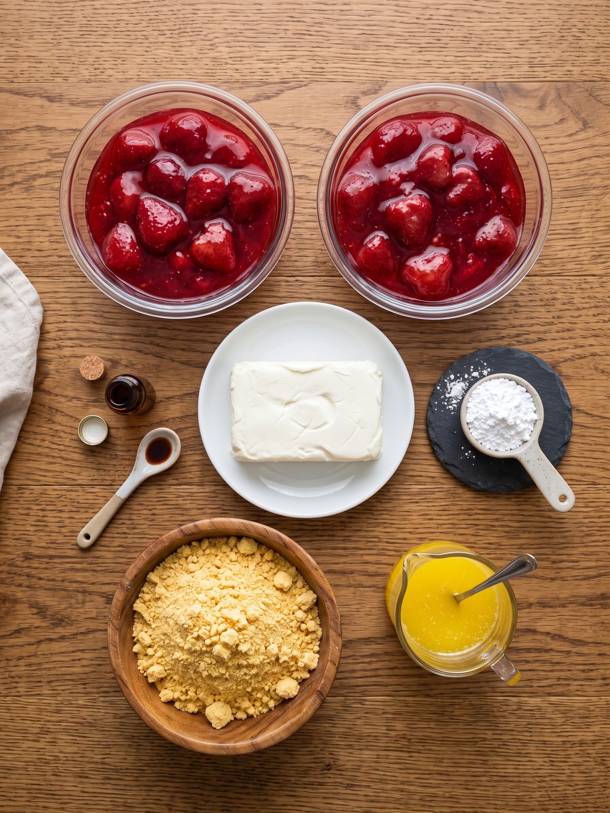 Strawberry Cheesecake Dump Cake ingredients in a baking dish with strawberry pie filling, dollops of cream cheese mixture, and dry cake mix ready to be baked.