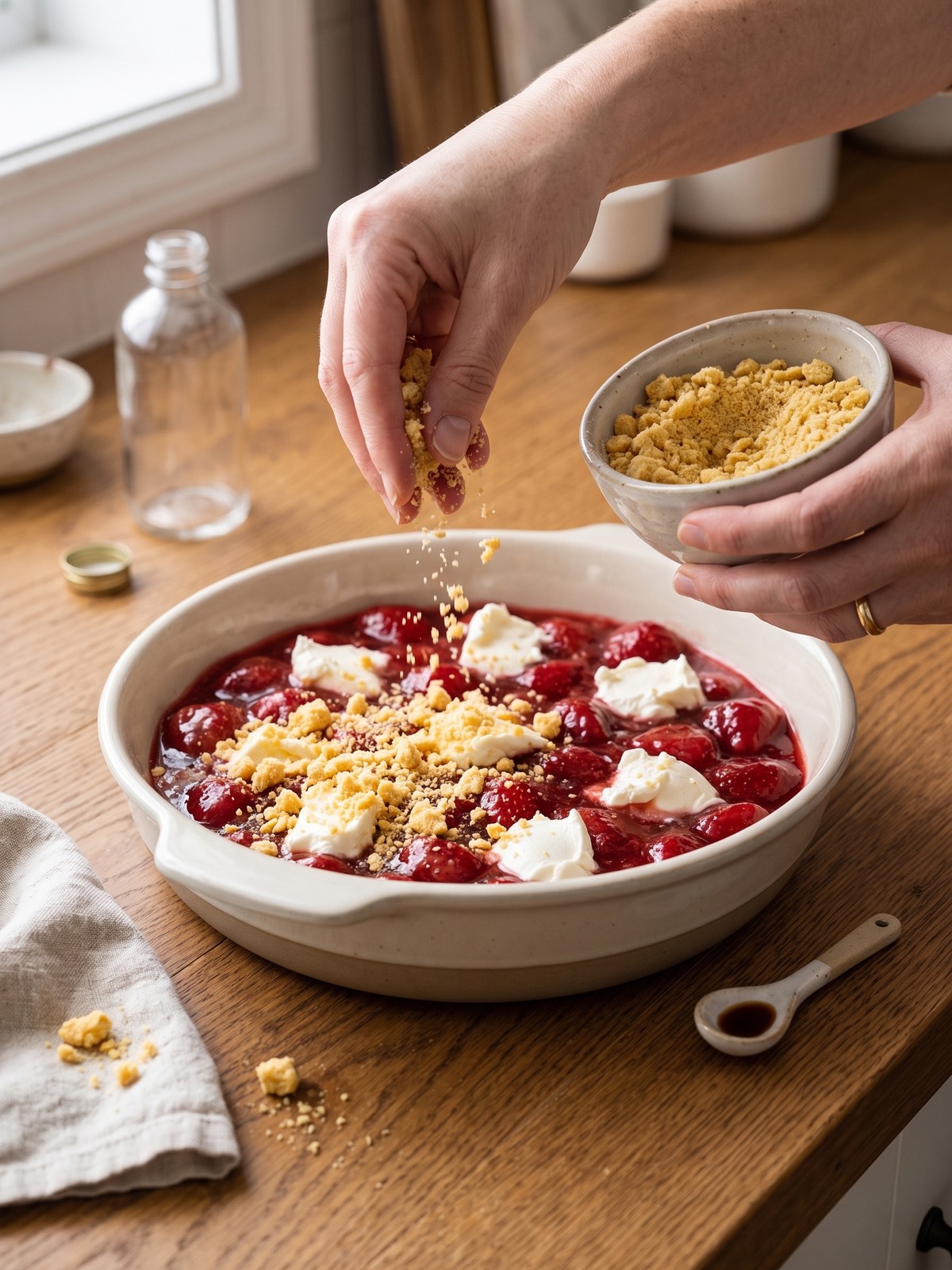 Strawberry Cheesecake Dump Cake fresh from the oven with a golden, crisp cake topping and bubbling strawberry filling visible at the edges.