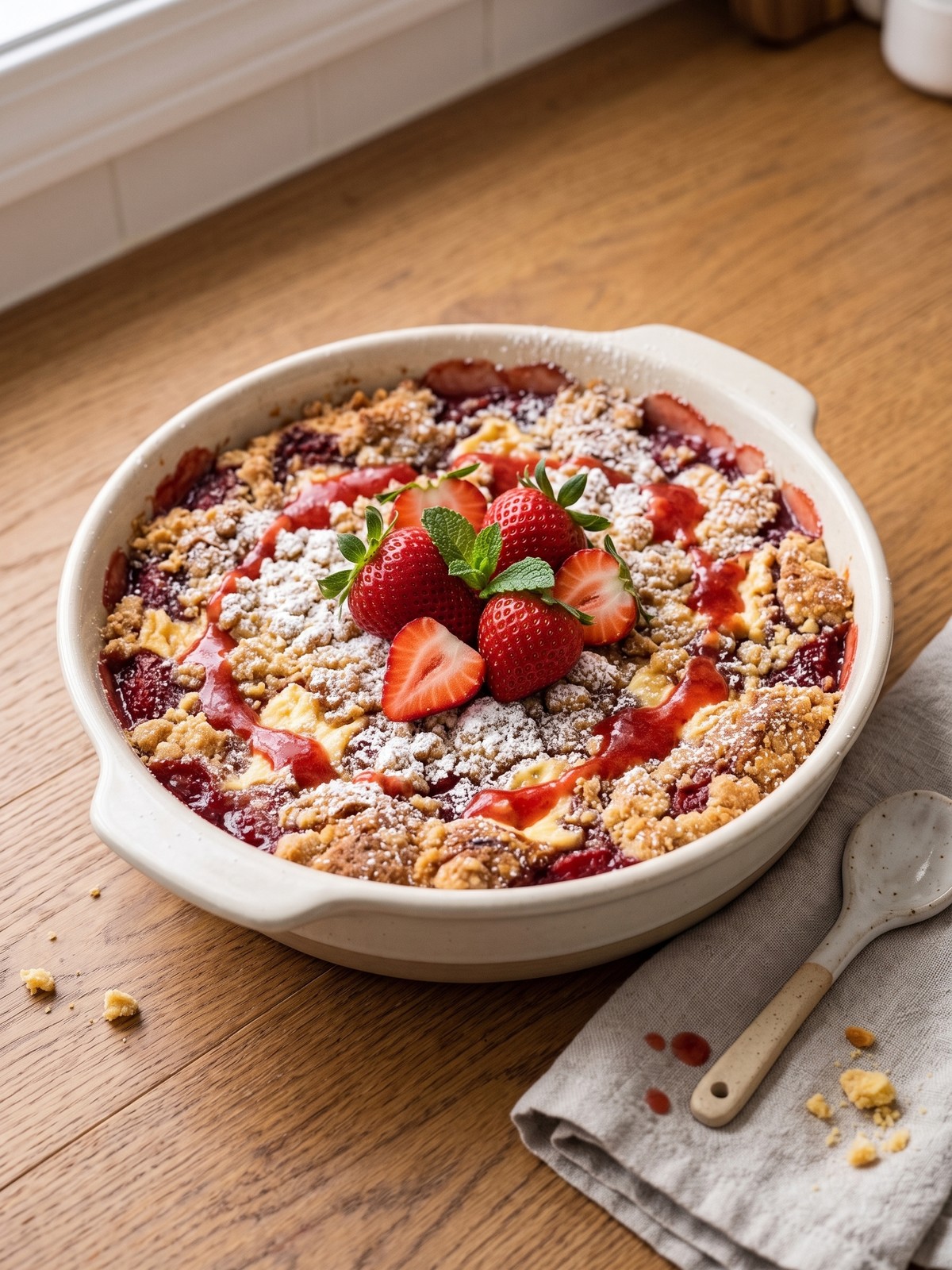 A scoop of Strawberry Cheesecake Dump Cake in a bowl with a dollop of whipped cream, showing the layers of golden cake, creamy cheesecake, and strawberry filling.