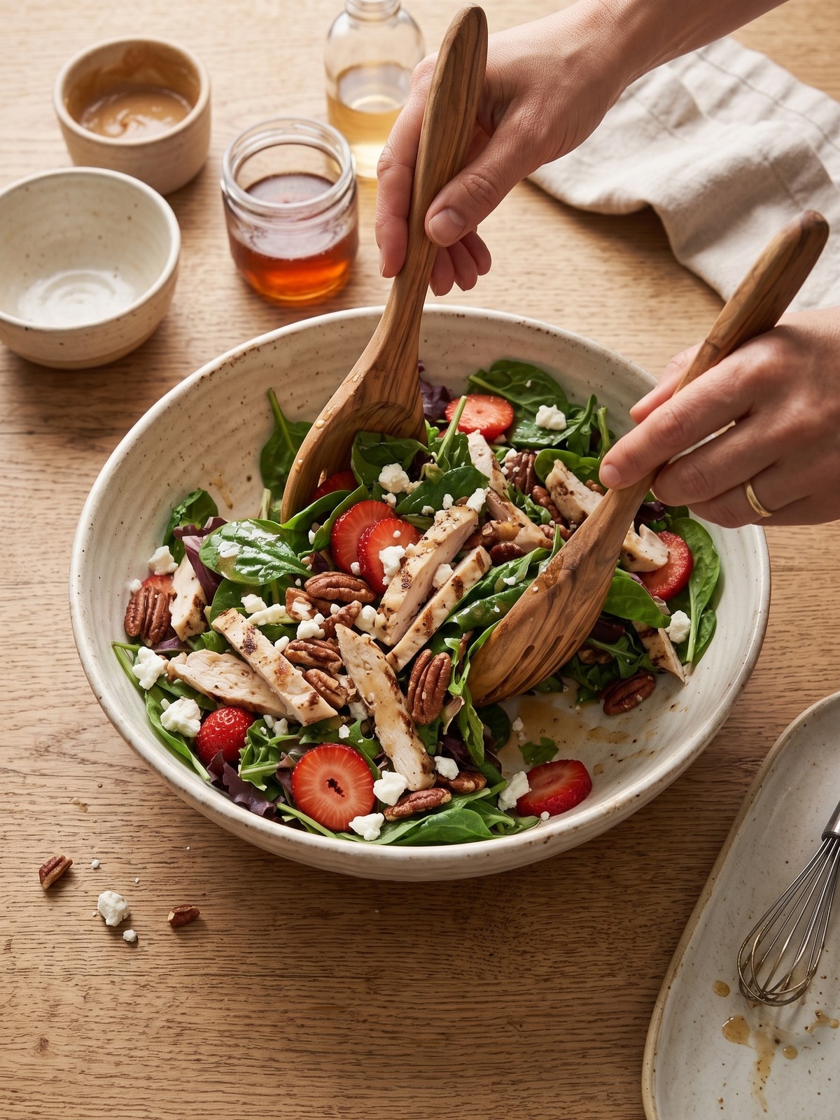 Grilled chicken breast sliced on a cutting board next to a bowl of strawberry pecan salad ingredients.