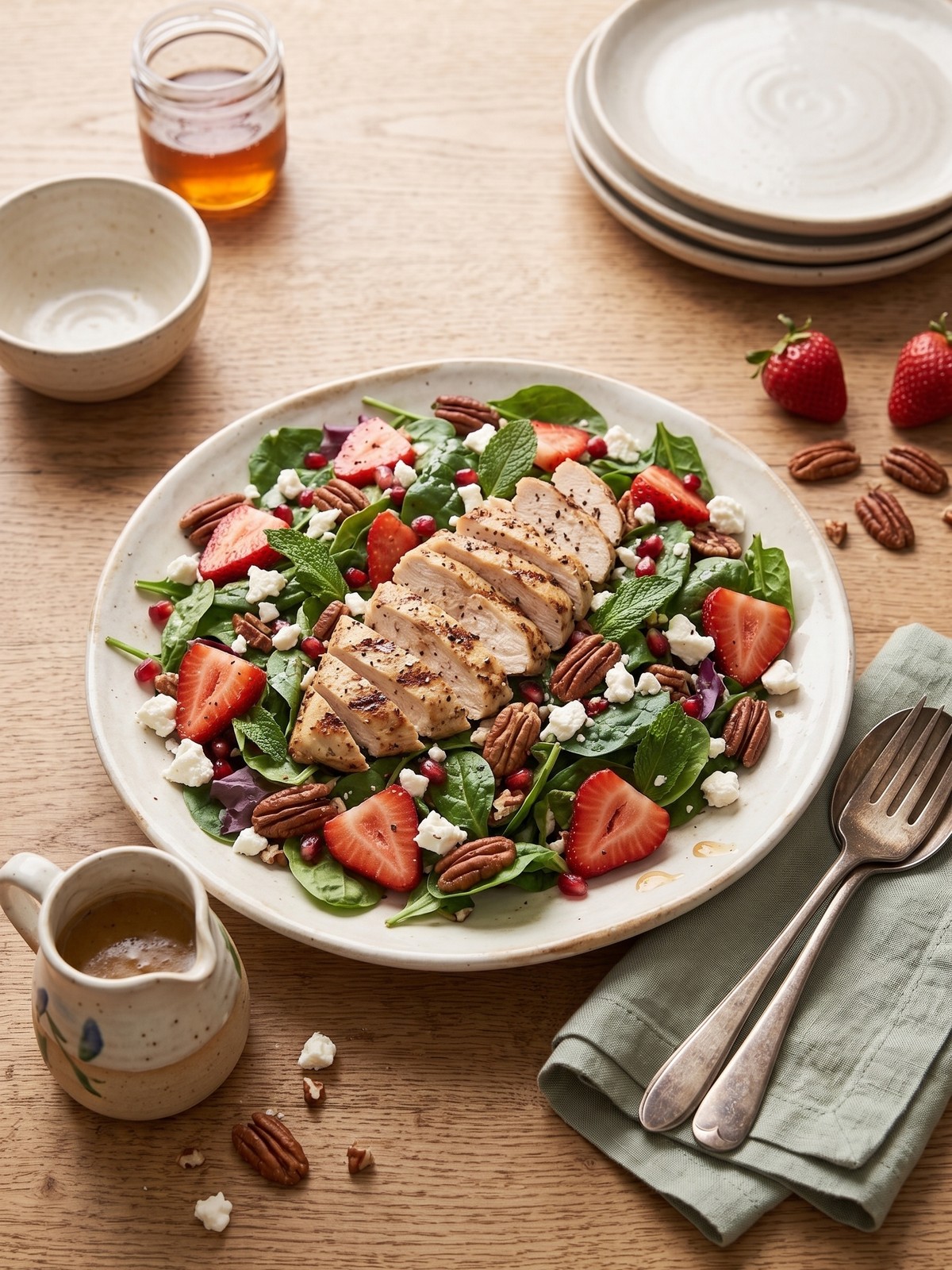 Close-up of a fork lifting a bite of strawberry pecan chicken salad with vinaigrette drizzled on top.