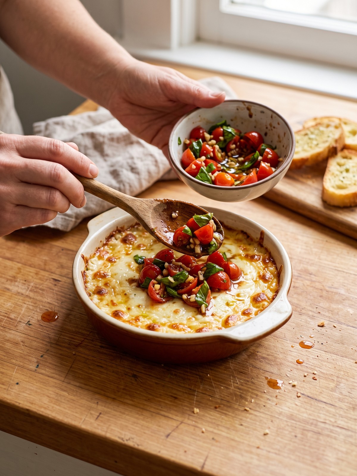 Spoon scooping into Three-Cheese Tomato Bruschetta Dip with crostini