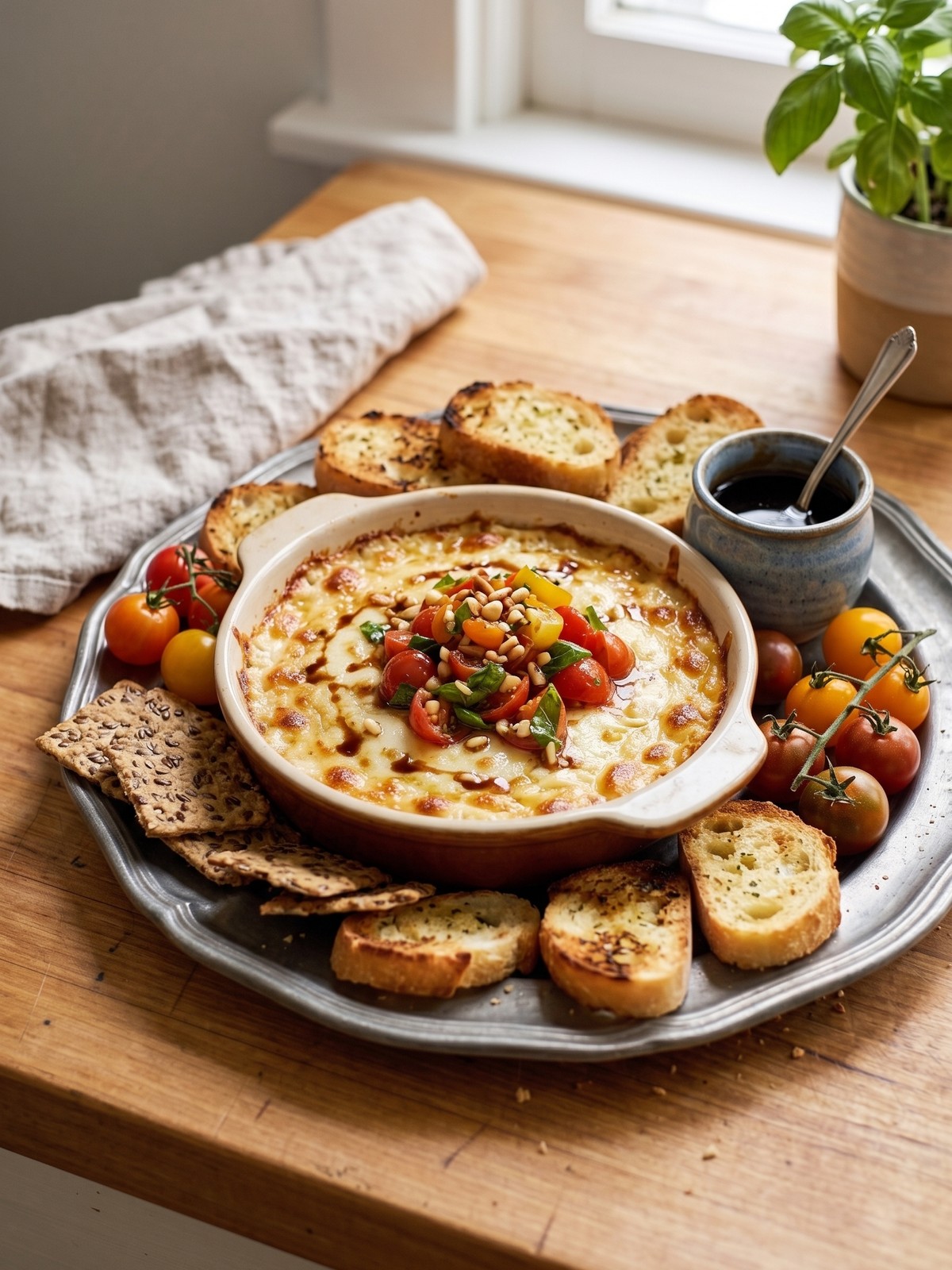 Variation of Three-Cheese Tomato Bruschetta Dip with added red pepper flakes