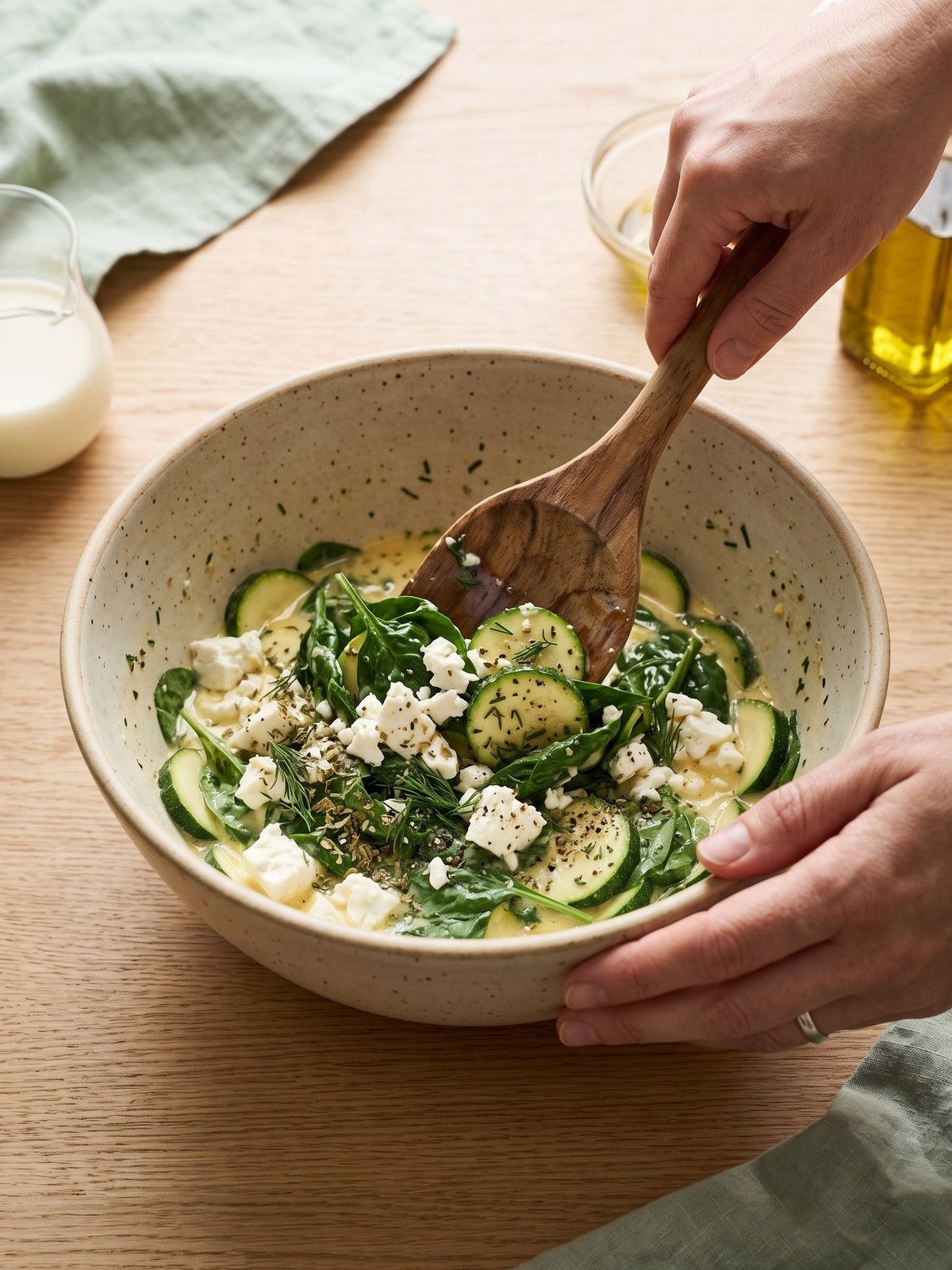Close-up of a slice of zucchini spinach and feta casserole on a white plate, showing layers of zucchini and spinach with melted feta.
