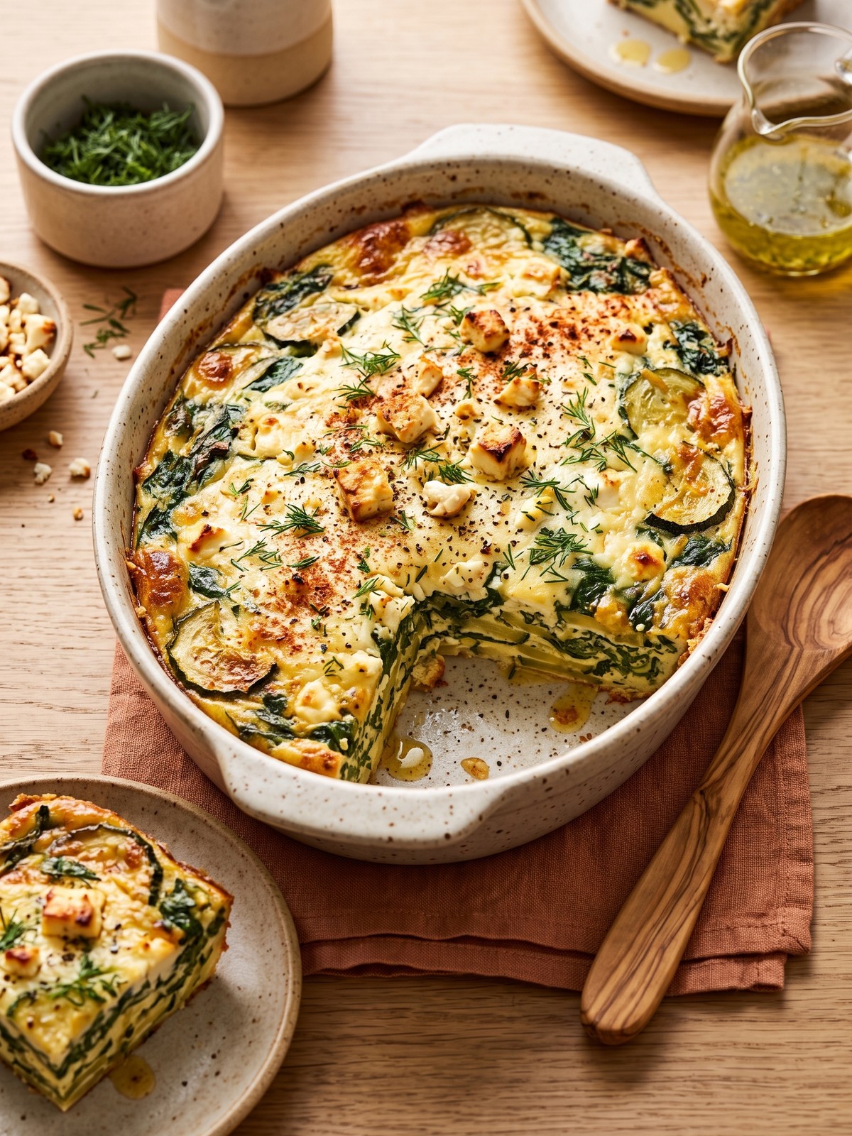 Zucchini spinach and feta casserole served on a rustic wooden board with a side salad and lemon wedges.